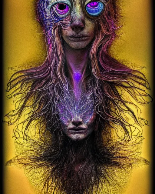 Image similar to realistic portrait of a creature experiment gone wrong, psychedelic, dark art, facing camera, photo realistic, detailed, 1 4 5 0, delicate, hyper realism, ultra realistic, 8 k