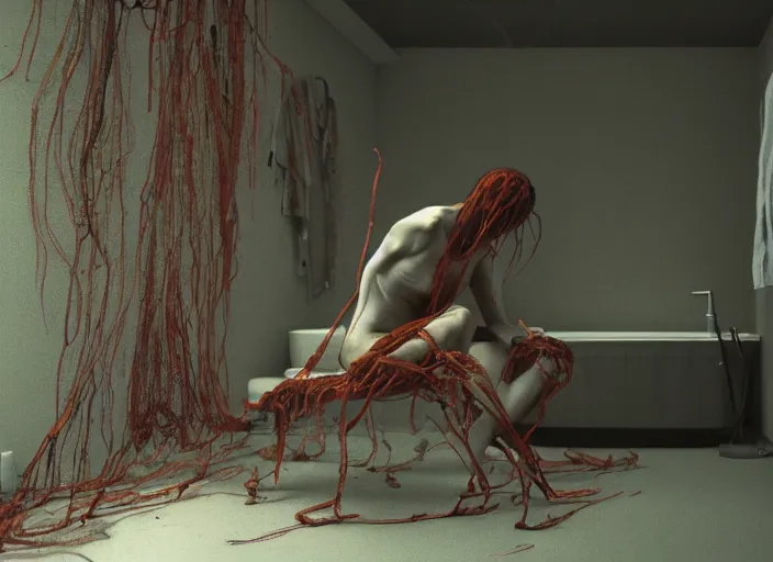Image similar to rgb, woman, destroyed bathroom, cinematic, movie scene, inspired by zdzislaw beksinski, new zealand landscape, clothes made out of veins,, cables everywhere, bedroom, ultra realistic, concept art, intricate details, highly detailed, photorealistic, octane render, 8 k