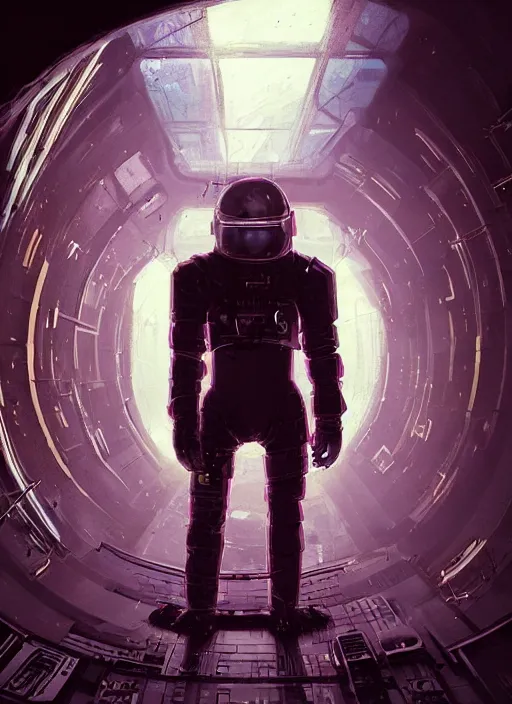 Image similar to a man in a space suit standing in a tunnel, cyberpunk art by neil blevins, cgsociety, retrofuturism, sci - fi, darksynth, dystopian art