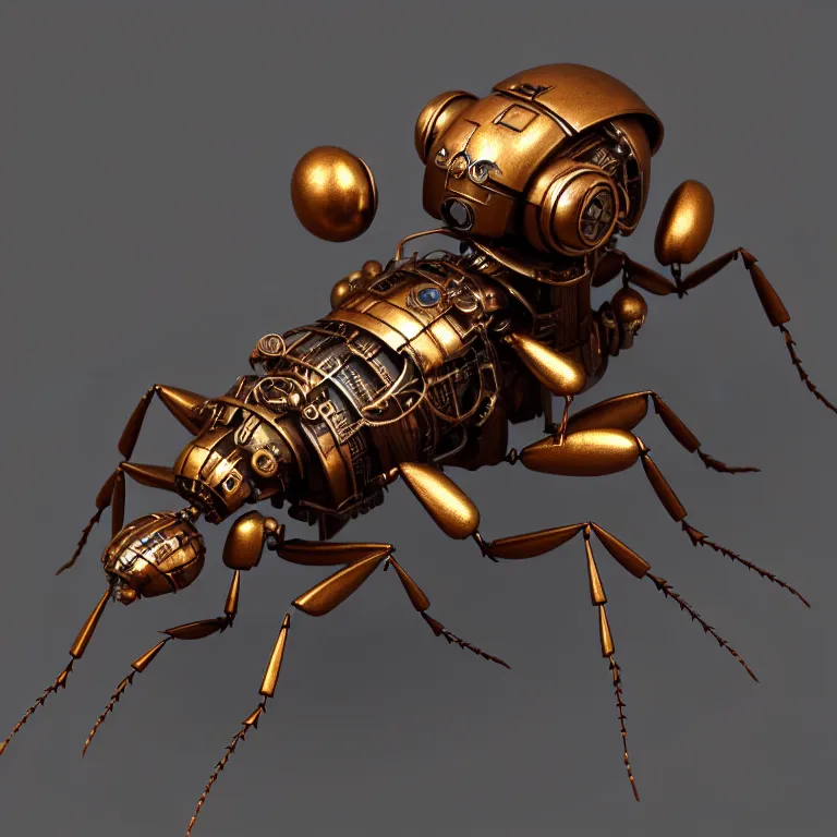 Prompt: steampunk robot ant, 3 d model, unreal engine realistic render, 8 k, micro detail, intricate, elegant, highly detailed, centered, digital painting, artstation, smooth, sharp focus, illustration