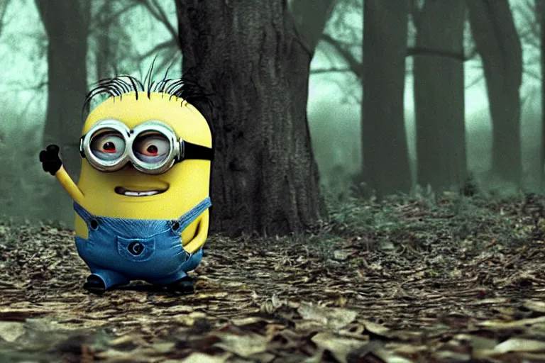 Image similar to a vhs still of a minion in blair - witch project ( 1 9 9 9 ), real life, chromatic abberation, desaturated, noise, cinematic, detailed, move still, ultra realistic face, accurate, 8 k, hd