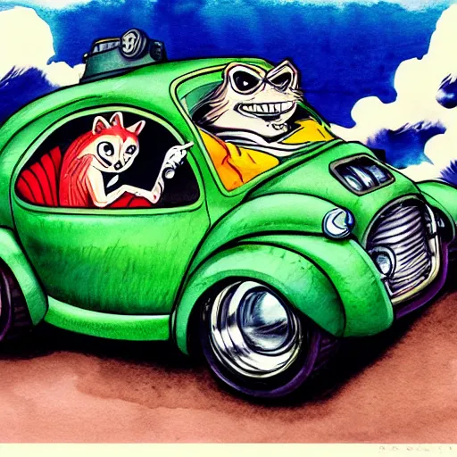 Image similar to racoon riding in a tiny hot rod coupe with oversized engine, ratfink style by ed roth, centered award winning watercolor pen illustration, by chihiro iwasaki, edited by range murata
