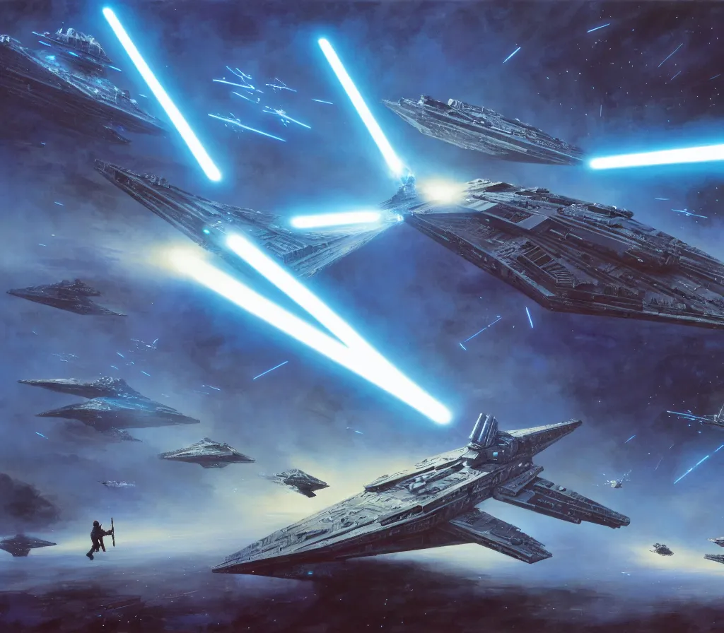 Prompt: ! dream a jedi with a bright blue lightsaber trying to bring down a star destroyer with the force, epic proportions, award winning collaborative painting by geg ruthowski, craig mullins, vincent di fate, john berkey, michael whelan, collaborative artwork, exquisitely high quality and detailed