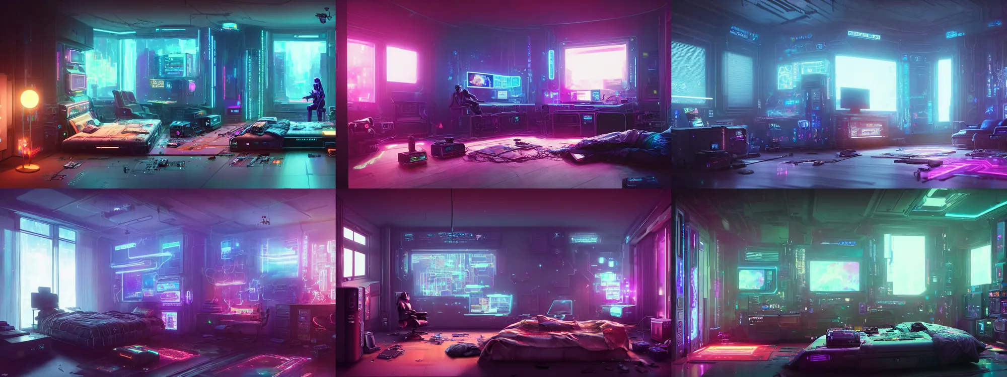 Prompt: Interior of a cyberpunk bedroom cluttered with electronics, holograms, Wadim Kashin, Simon Stalenhag, XF IQ4, f/1.4, ISO 200, 1/160s, 8K, RAW, featured in artstation, octane render, cinematic, elegant, intricate, 8k