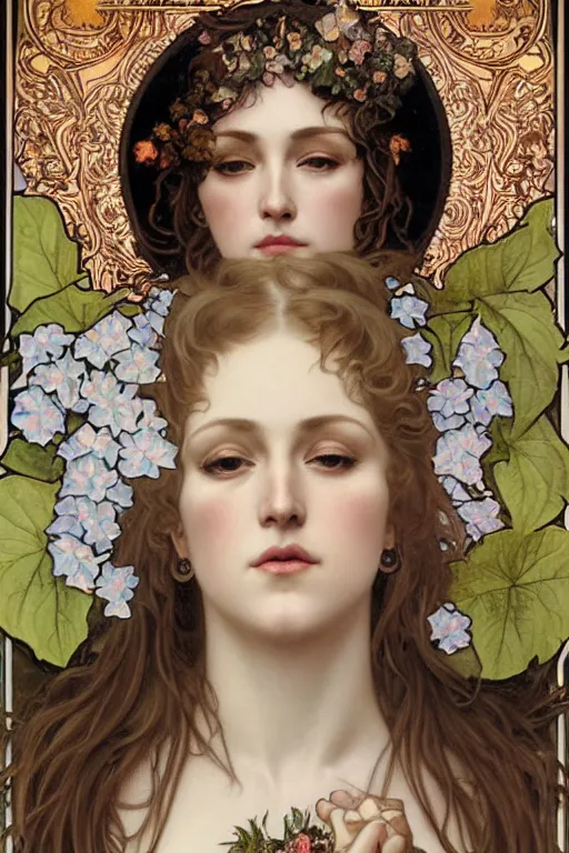 Prompt: Queen of Hydrangea realistic detailed face portrait of Madonna by Alphonse Mucha, Ayami Kojima, Amano, Charlie Bowater, Karol Bak, Greg Hildebrandt, Jean Delville, and Mark Brooks, Art Nouveau, Neo-Gothic, gothic, rich deep moody colors