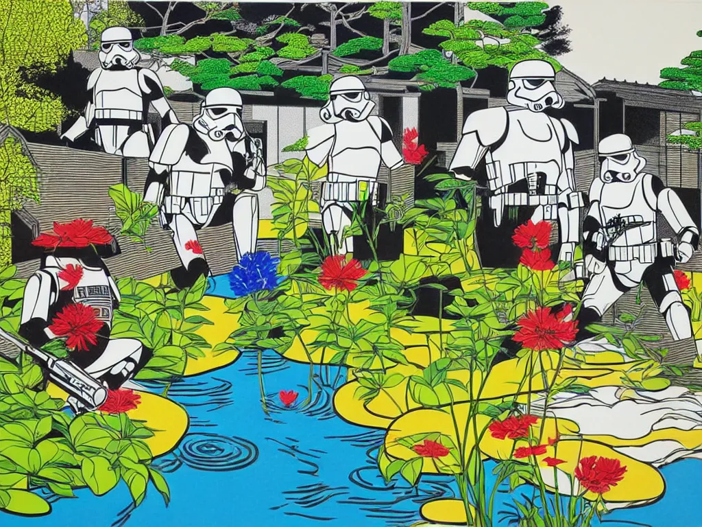 Prompt: hyperrealistic composition of the japanese home with a garden and a pond, 2 stormtroopers sitting around it, pop - art style, jacky tsai style, andy warhol style, roy lichtenstein style, rich palette, acrylic on canvas