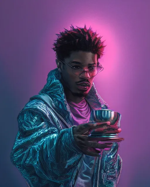 Image similar to future the rapper holding cup of codeine, accurate details, detailed face, purple liquid in cup glowing, fantasy, dramatic, intricate, elegant, highly detailed, digital painting, artstation, concept art, smooth, sharp focus, illustration, art by Gustave Dore, octane render