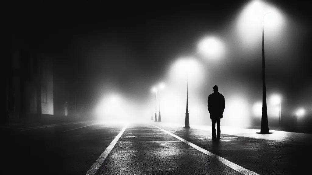 Image similar to a man is standing on the street under the lights, fog, volumetric lighting, mystique, atmospheric, sharp focus, ultra detailed, noir art house, 4 k, cinematic, 3 5 mm