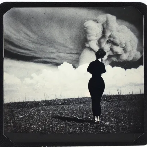 Image similar to an aged polaroid photo of a young woman seen from behind, a nuclear bomb explosion in the horizon, high contrast, film grain, color bleed