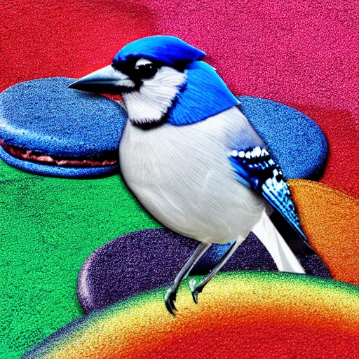 Image similar to A photograph of a (photorealistic blue jay) standing on a large basket of rainbow macarons.