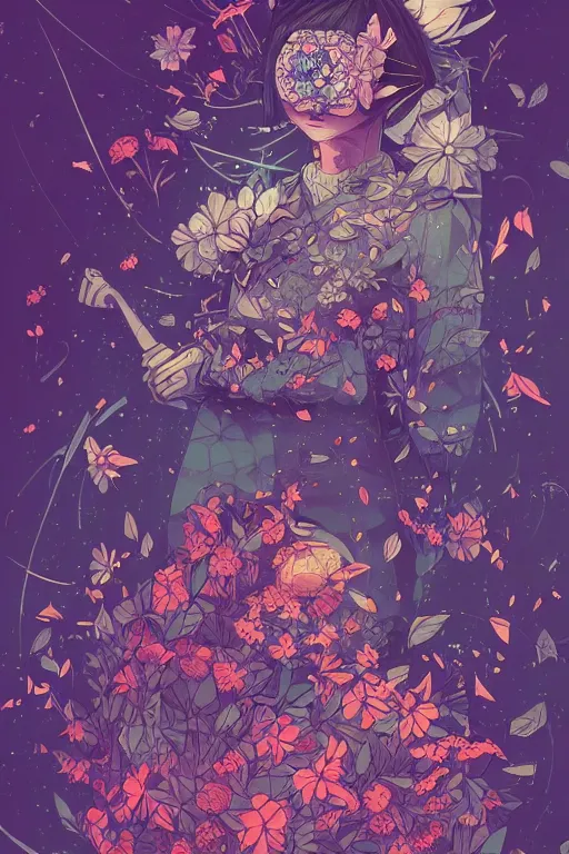 Image similar to night sky full of flowers, cyberpunk art, floating detailes, leaves by miyazaki, colorful palette illustration, kenneth blom, mental alchemy, james jean, pablo amaringo, naudline pierre, contemporary art, hyper detailed