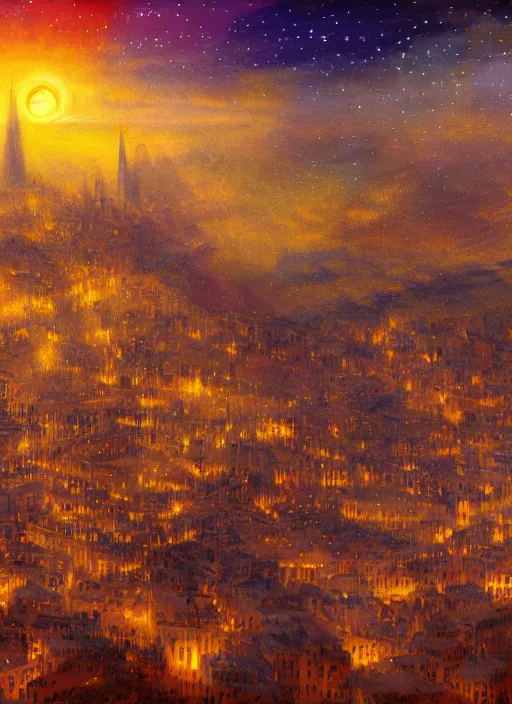 Prompt: ethereal starlit city of dreams at sunset, italian futurism, da vinci, hd, digital painting