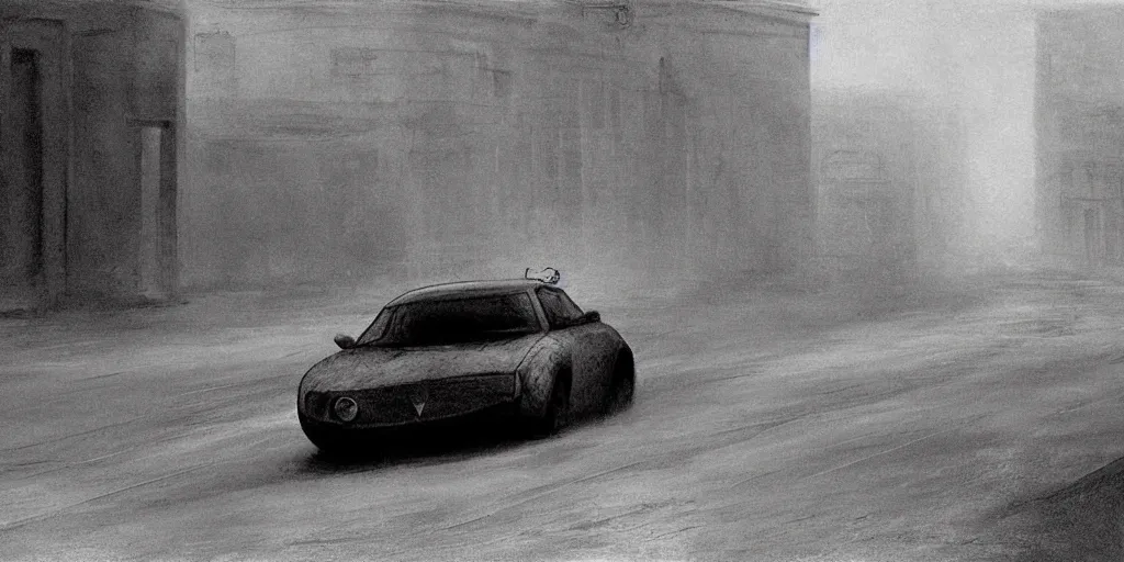 Prompt: car in full speed in a empty street, mad max kieth thomsen, zdzislaw beksinski