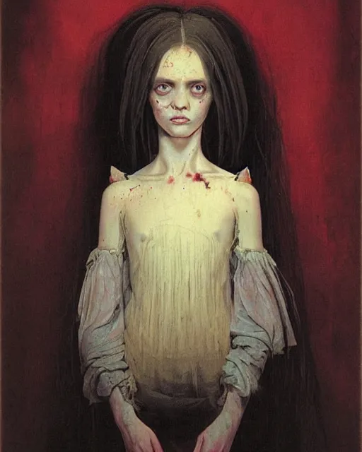 Prompt: a baroque painting of a beautiful but creepy girl in layers of fear, with haunted eyes and dark hair piled on her head, 1 9 7 0 s, seventies, wallpaper, a little blood, morning light showing injuries, delicate embellishments, painterly, offset printing technique, by brom, moebius, robert henri, walter popp