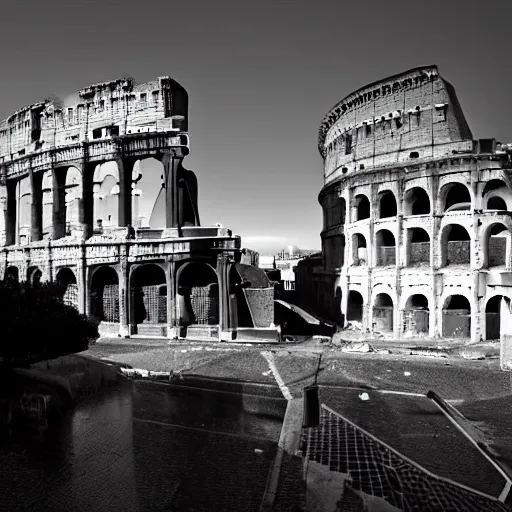 Prompt: rome in 2 3 0 0, futuristic, cinematic, black and white