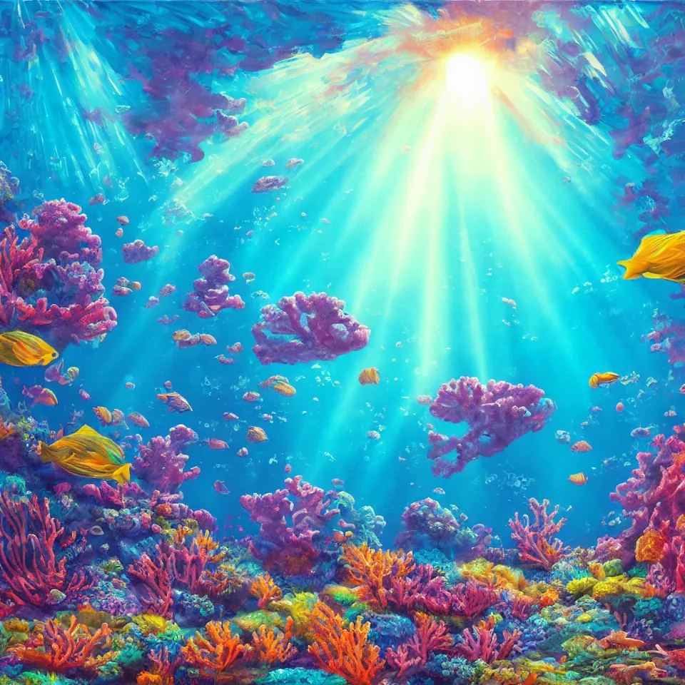 Image similar to underwater neon coral reef landscape magical realism painting with sun rays coming from above, neon pastel colors