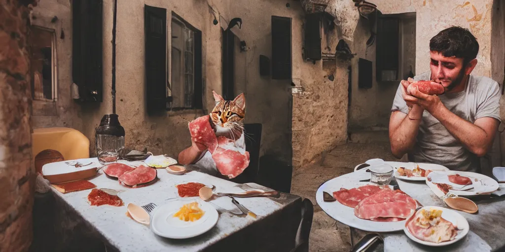 Image similar to photography of a cat eating mortadella at trullo house, photoreal, 3 5 mm, award winning photography