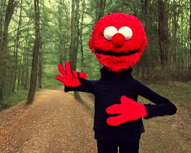 Prompt: scary elmo with long, slim, gangly arms, horror, slenderman, terror, night cam footage, red and black, wilderness