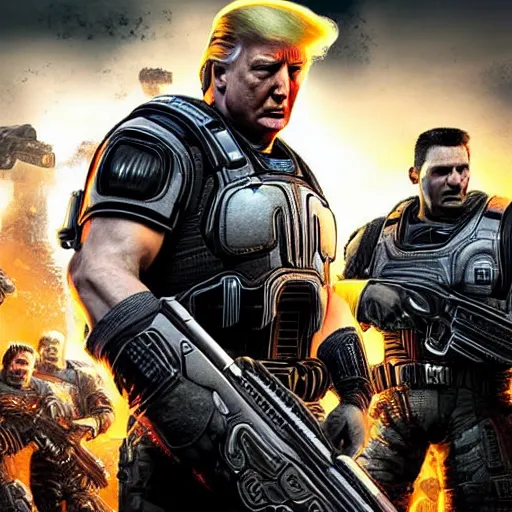 Prompt: Photo portrait of Donald Trump as ((the punisher)) in Gears of War, splash art, movie still, detailed face, photorealistic facial features, cinematic lighting, dramatic, octane render, long lens, shallow depth of field, bokeh, anamorphic lens flare, 8k, hyper detailed, 35mm film grain