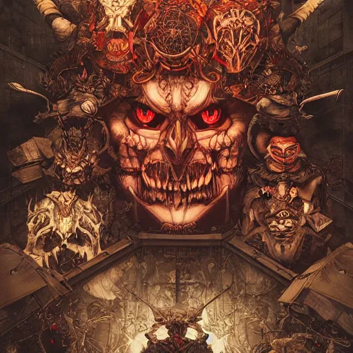 Prompt: 😈👹, rotary symmetrical, dynamic lighting, darker intense, detailed, by bambang nurdianshyah, garis edelweiss, roby dwi antono and dan mumford, ayami kojima, takato yamamoto, barclay shaw, karol bak, yukito kishiro, norman rockwell