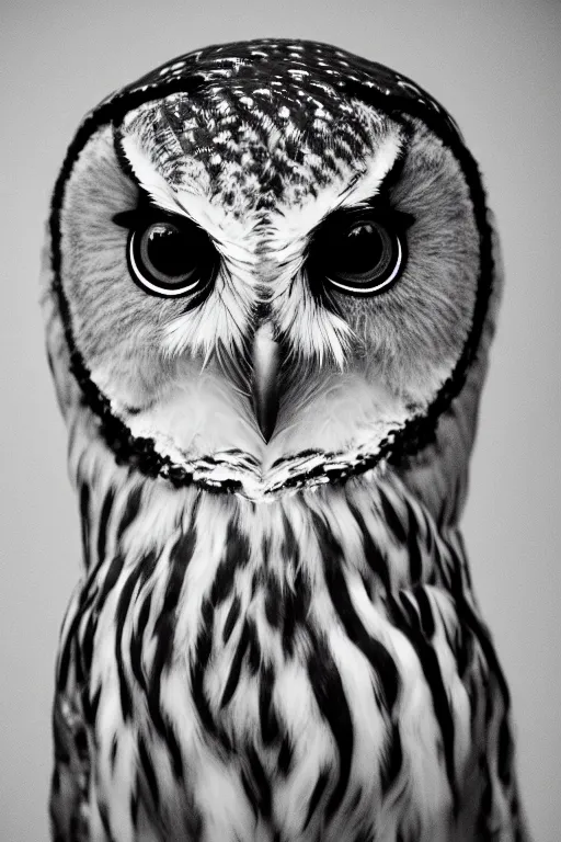 Prompt: photo portrait of an owl, head centered portrait, enigmatic, smiling, head in focus, shot with hasselblad, 5 0 mm lens, photography, very soft diffuse lights, by yousuf karsh, fine film grain, dark smoky background