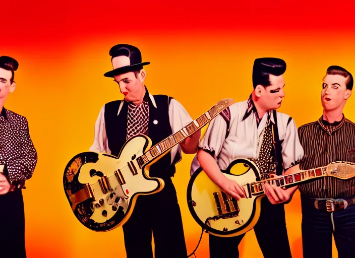 Image similar to rockabilly band 1950s, high detail, golden hour, 8K, by hanna barbera