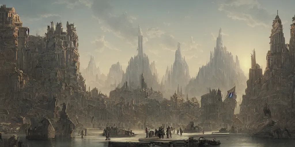 Prompt: neo - classical floating city, towering statues in the distance, illustration by yoann lossell, raphael lacoste