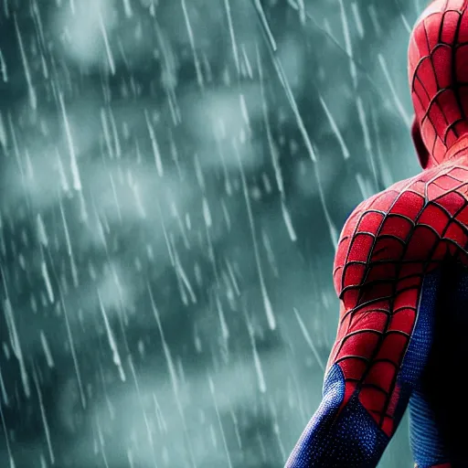 Image similar to Spiderman standing under rain with ,mellow , dramatic, sad ambience,. Wallpaper