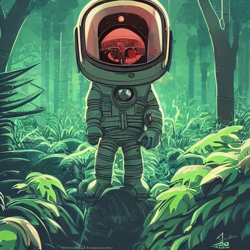 Image similar to view of a future cosmonaut with helmet having cybernetics and wirings exploring a jungle, d & d, trending on artstation, art by rossdraws, petros afshar, tom whalen, laurie greasley and greg rutkowski and ilya kuvshinov, global illumination