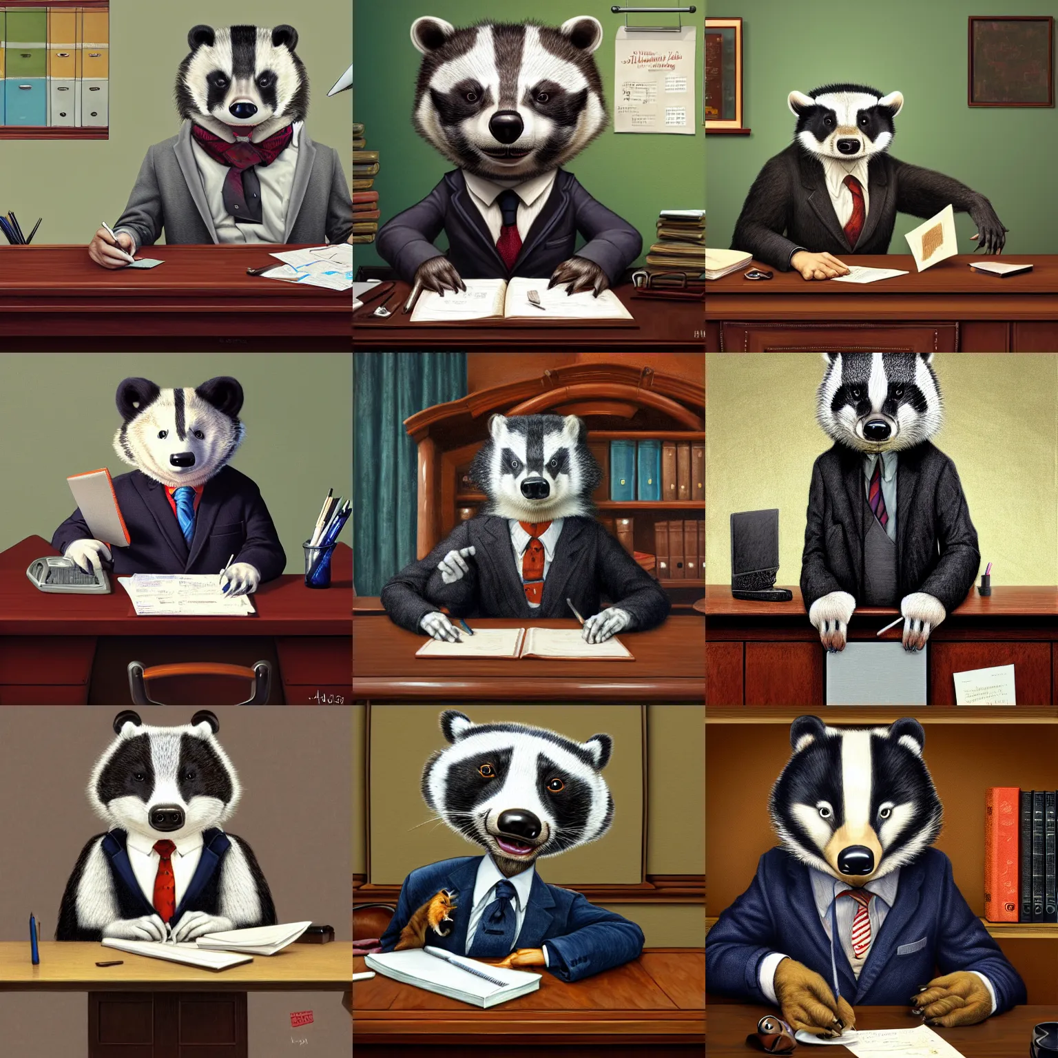 Prompt: an anthropomorphic badger wearing a suit sitting at a desk doing taxes, furry art, furry badger, anthropomorphic badger, norman rockwell, iain mccaig, hyperdetailed, digital painting style, 4 k