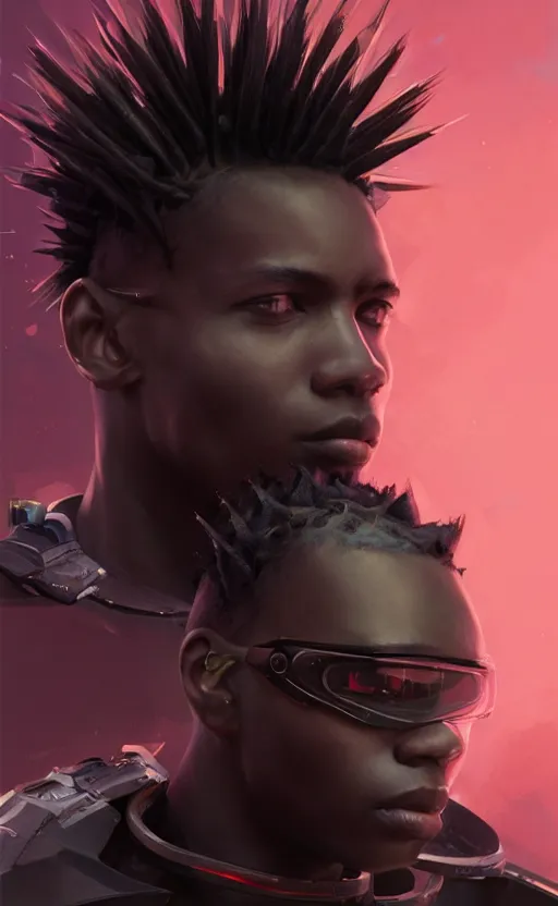 Image similar to portrait of a young black man with a mohawk and a solid black eye, wearing futuristic techwear highly detailed, digital painting, artstation, concept art, smooth, sharp focus, illustration, art by wlop, uang guangjian and gil elvgren and sachin teng and greg rutkowski