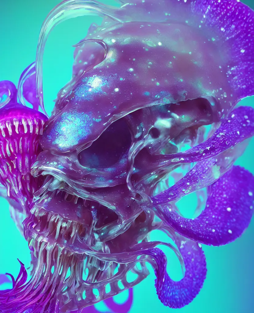 Image similar to close-up portrait. dichroic orchid jellyfish skull, betta fish, bioluminiscent creatures, intricate artwork by Tooth Wu and wlop and beeple. octane render, trending on artstation, greg rutkowski very coherent symmetrical artwork. cinematic, hyper realism, high detail, octane render, 8k