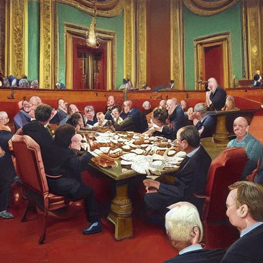 Prompt: oil painting of us senators devouring bones in the Senate chamber h- 512 w- 512