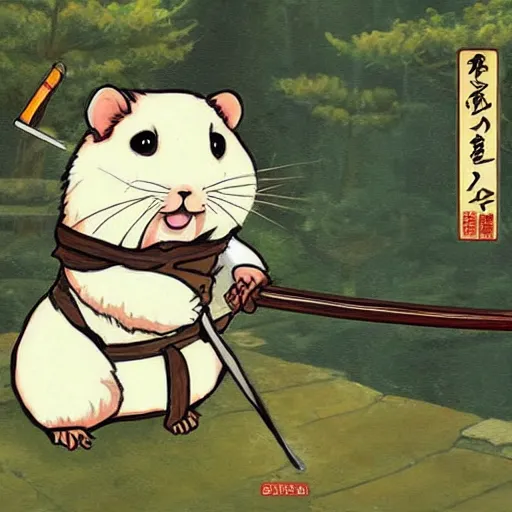 Image similar to japanese hamster samurai. with long sword. anime art. painting. sacura forest on background