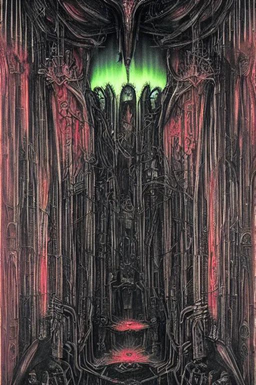 Prompt: giger matte painting, depth art insane, witchcraft patterns, pour cell painting, crimson emerald vibrant, fluorescent flesh glowing, tarot depictions of darkness evil incarnate