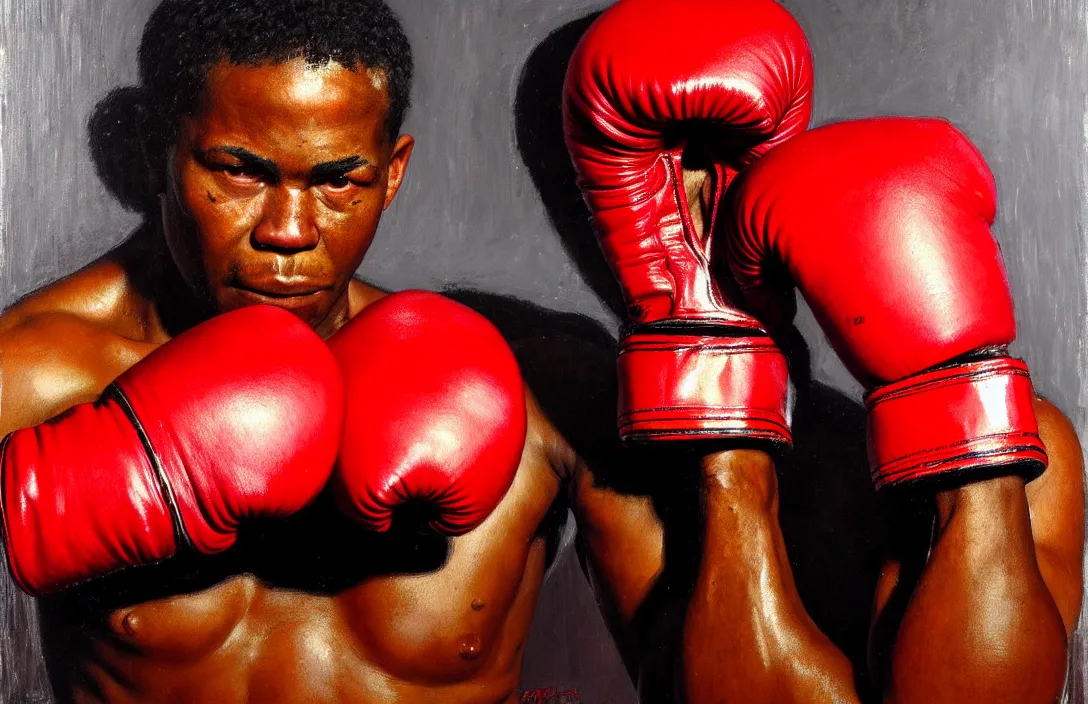 Prompt: an african american boxer with red boxing gloves!!!!!!!!!!!!!!!!!!!!!!!!!!!, detailed face, detailed painting, epic lighting, by ilya repin, phil hale and kent williams