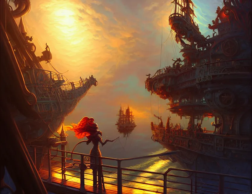 Image similar to standing upon the deck of the flying ship, d & d fantasy art, artstation contest winner, beautiful digital painting in the style of dan mumford, art by kev chan, volumetric lighting, intricate details, concept art, ultrarealistic, deep colors, cgsociety, by art germ, by gerald brom, by peter mohrbacher