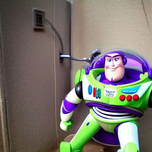 Prompt: buzz lightyear nerd sitting on a backyard toilet in russia