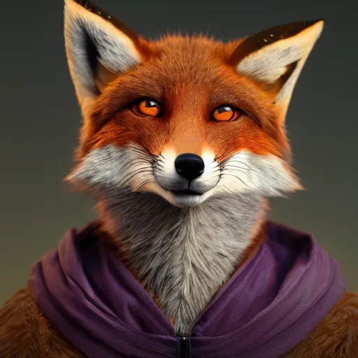 Image similar to a highly detailed portrait of a humanoid light brown fox, with a white muzzle, bright orange eyes, in a purple cloak, artstation, DeviantArt, professional, octane render