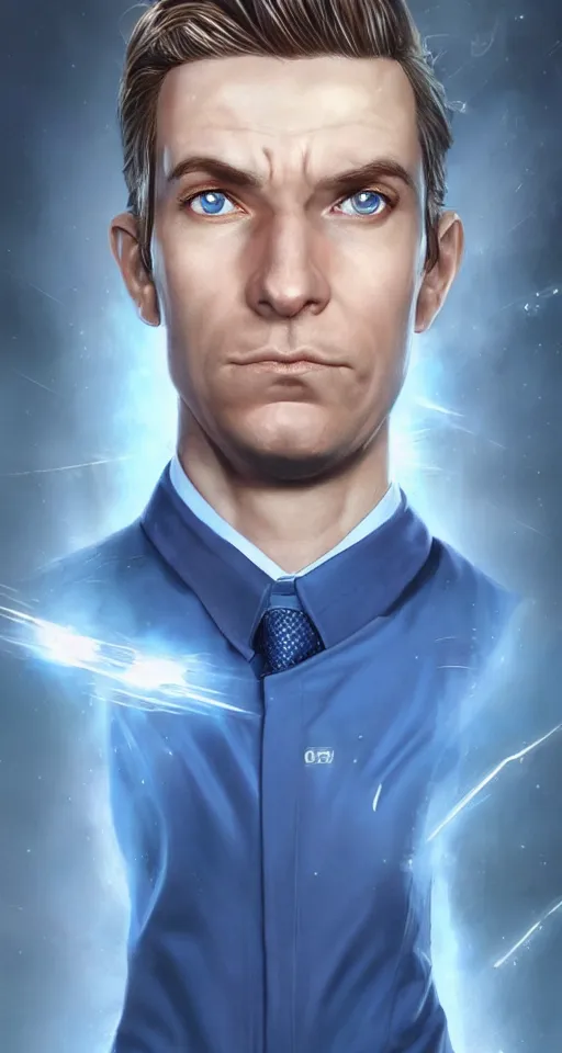 Image similar to portrait of tall, tired 3 3 - year - old handsome man with short darkblonde hair, blue eyes, wearing science fiction uniform, hyper realistic face, beautiful eyes, character art, art by mark brooks, hyperdetailed, cryengine, trending on artstation, digital art