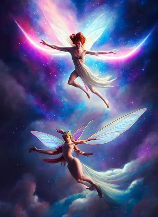 Image similar to godly fairy flying toward the sky, epic 2 8 mm, cinematography by ridley scott, highly detailed, high contrast, light reflection, trippy, nebula, trending on art station by artgem, by alex ross, by peter mohrbacher, by wlop, by ruan jia