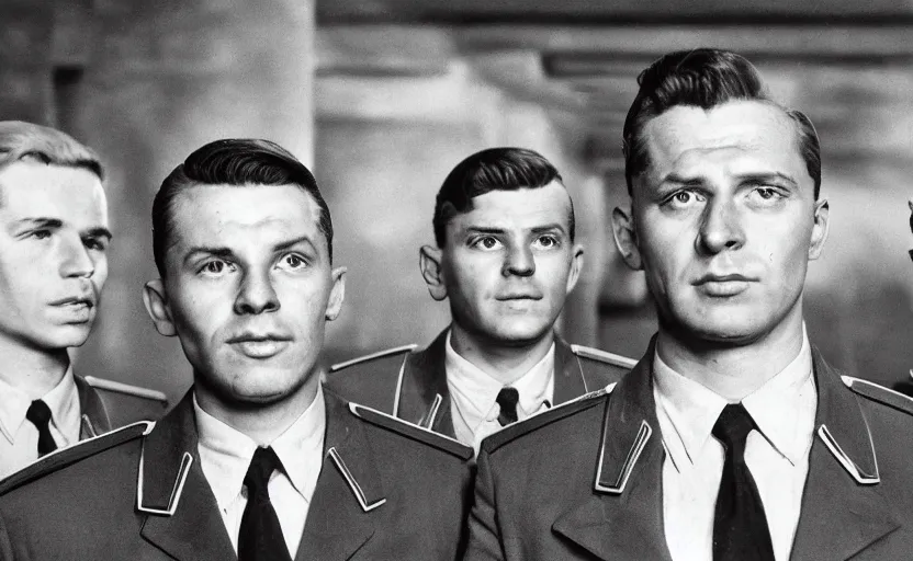 Prompt: 50s movie still close-up portrait of three soviet officers with very detailed faces in a stalinist style hall, by Alexei Guerman, Cinestill 800t 35mm black and white, heavy grainy picture, very detailed, high quality, 4k, HD criterion, precise texture, diverse faces, diverse haircuts, diverse ages, each faces precisely define