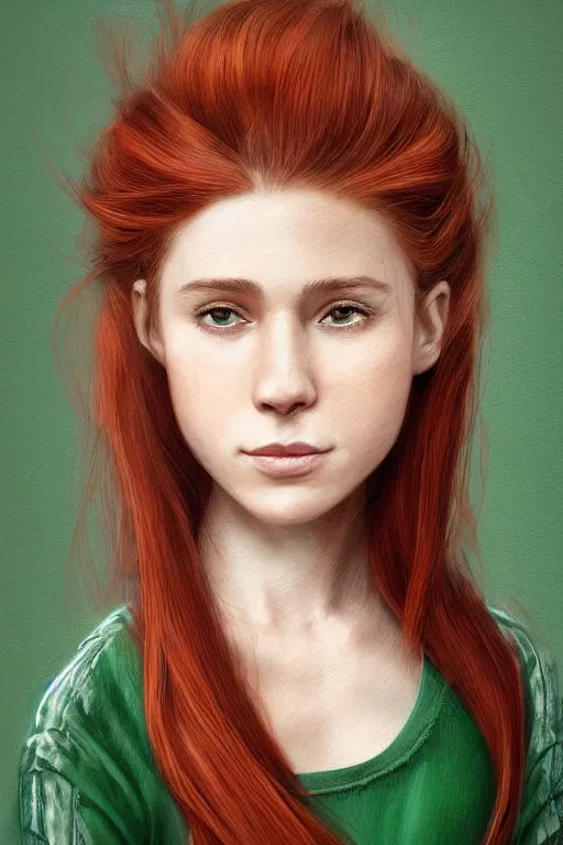 Prompt: ultra realistic style illustration of a beautiful cute red haired playful teen girl in a green dress, long hair, face of teen kate mara, sci - fi, intricate, elegant, digital painting, artstation, concept art, smooth, sharp focus, illustration, 8 k frostbite 3 engine, ultra detailed, art by artgerm and greg rutkowski and magali villeneuve