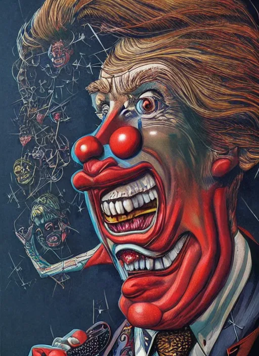 Image similar to donald trump sad clown, grotesque, horror, high details, intricate details, by vincent di fate, artgerm julie bell beeple, 80s, inking, vintage 80s print, screen print