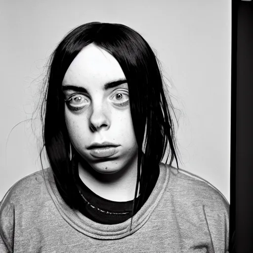 Image similar to photo of Billie Eilish by Diane Arbus, black and white, high contrast, Rolleiflex, 55mm f/4 lens