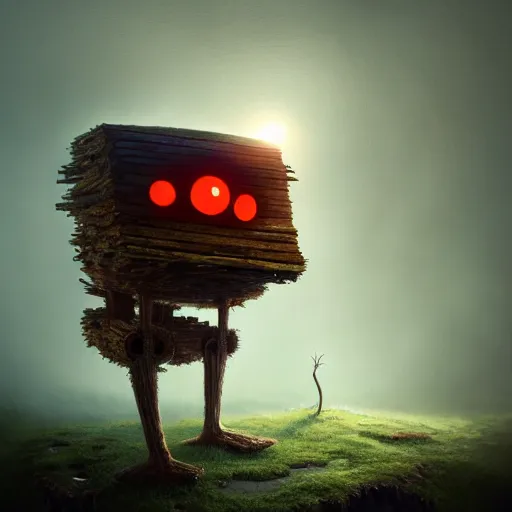 Image similar to a walking wood house with two mechanical legs and two glowing eyes and a mouth, rust, hyperrealistic, pareidolia, highly detailed, cinematic, single ray of sun, fog, beautiful, cgssociety, artstation, 8 k, oil painting