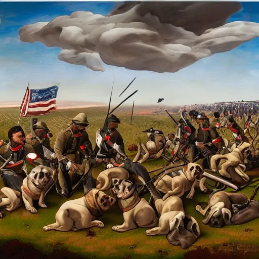 Prompt: Civil War battle of gettysburg but all the soldiers are pugs, painting, painted by michelangelo, 8k