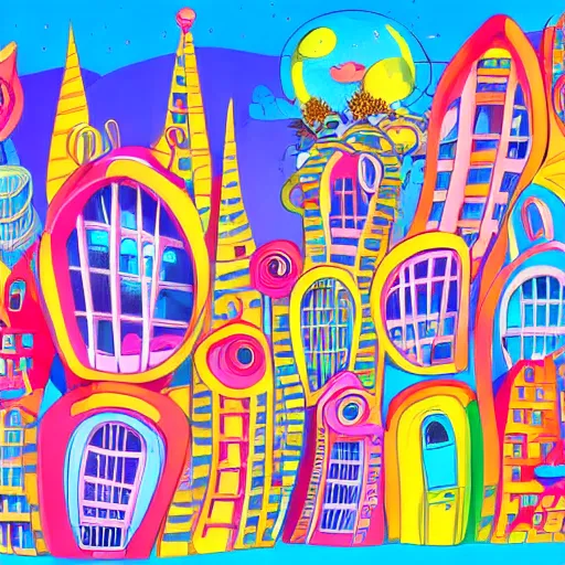 Image similar to fanciful city filled with curvy buildings, by dr seuss, oh the places you'll go, arches, platforms, towers, bridges, stairs, colorful kids book illustration