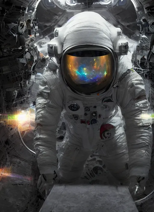 Image similar to complex poster art by craig mullins astronaut in futuristic dark and empty spaceship underwater. infrared glowing lights. complex and hyperdetailed technical suit. reflection and dispersion materials. rays and dispersion of light. volumetric light. 5 0 mm, f / 3 2. noise film photo. flash photography. octane render. interstellar movie poster