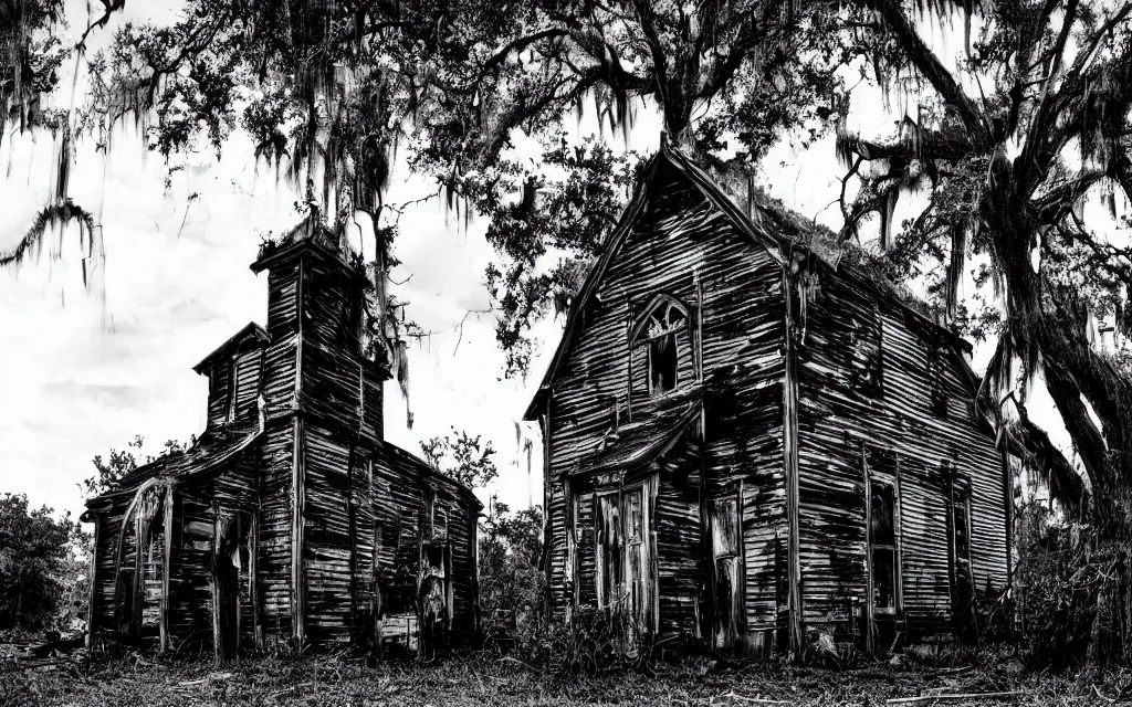 Prompt: an old wooden church rotting away in the bayou with tentacles growing from within, realistic, old color photograph, dynamic composition, creepy